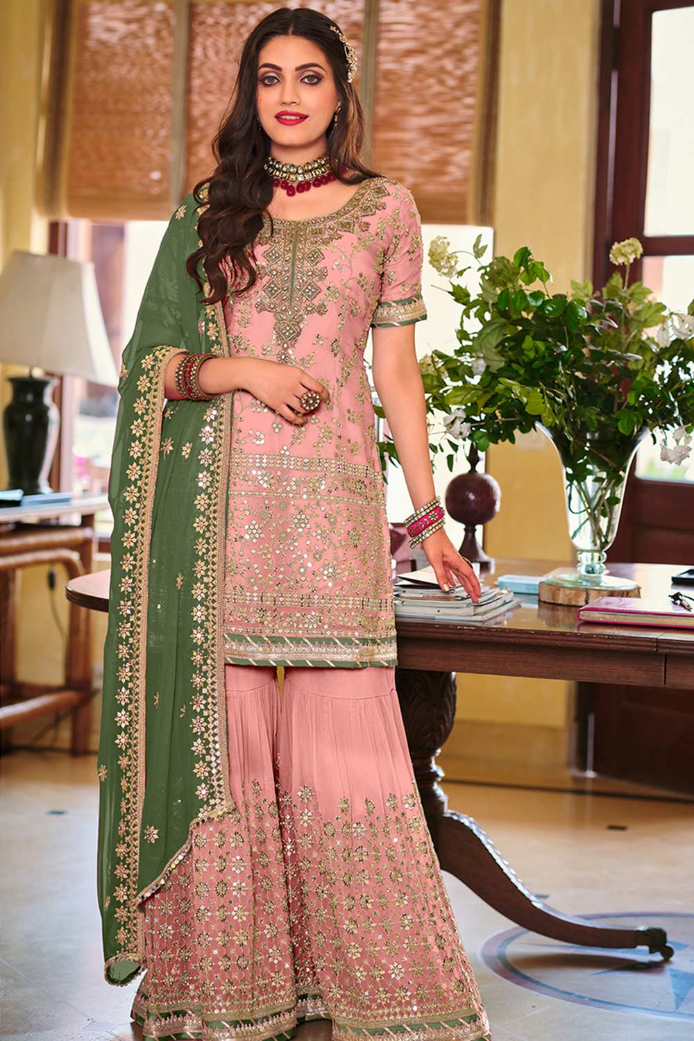 Baby Pink Embroidered Faux Georgette Designer Palazzo Suit