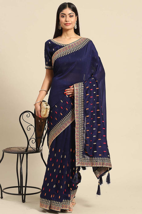 Buy Navy Blue Art Silk Embroidered Embroidered Saree Online