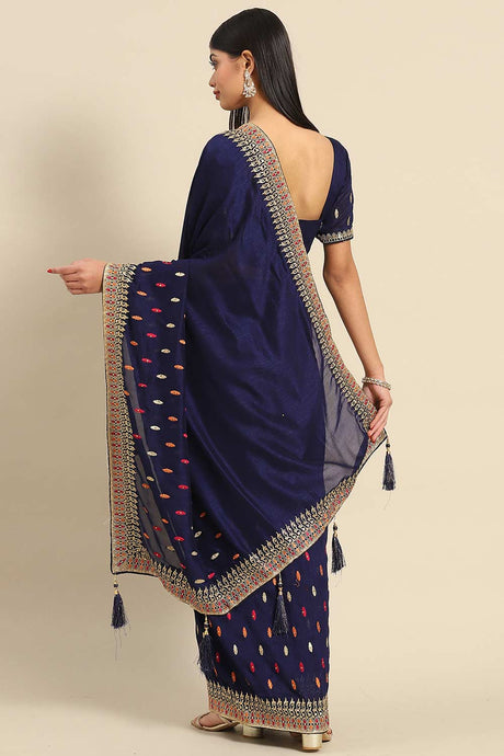 Buy Navy Blue Art Silk Embroidered Embroidered Saree Online - Back