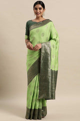 Green Silk Blend Floral Woven Design Banarasi Saree