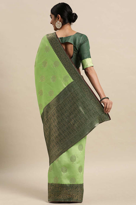 Green Silk Blend Floral Woven Design Banarasi Saree