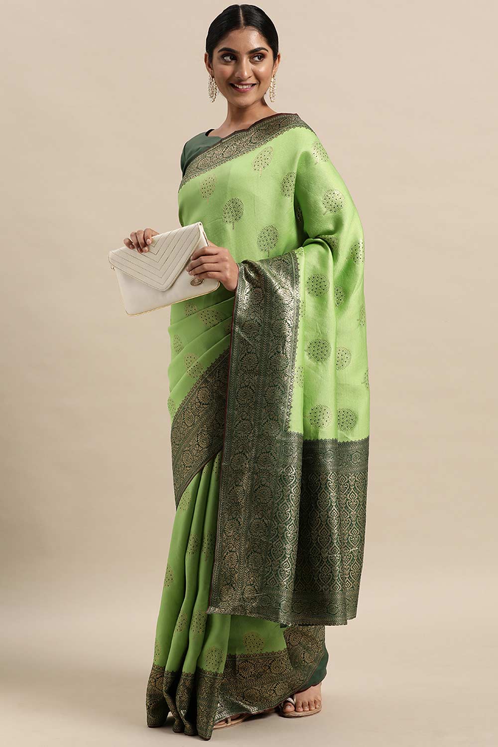 Green Silk Blend Floral Woven Design Banarasi Saree