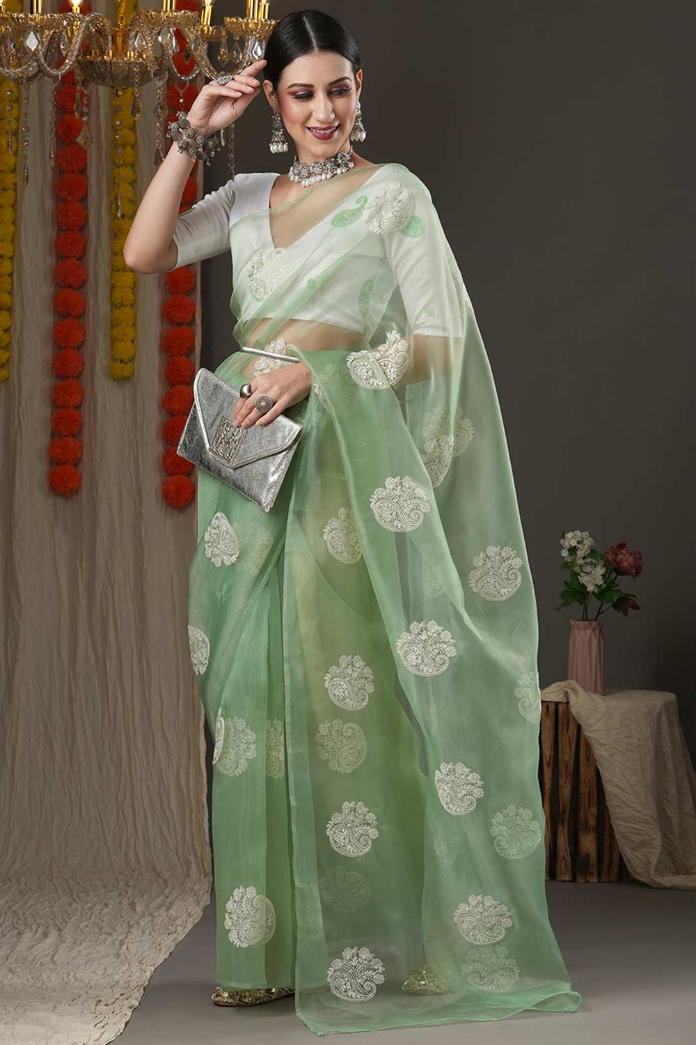 Olive Organza Bagh Embroidered Banarasi Saree