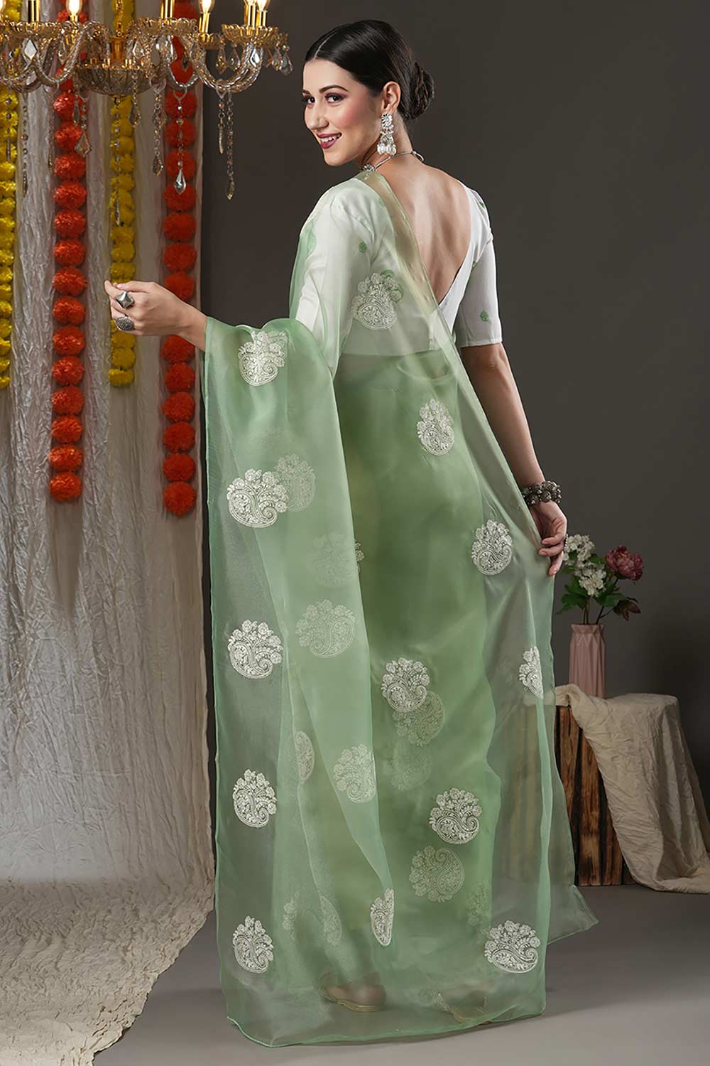 Olive Organza Bagh Embroidered Banarasi Saree