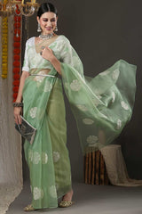 Olive Organza Bagh Embroidered Banarasi Saree