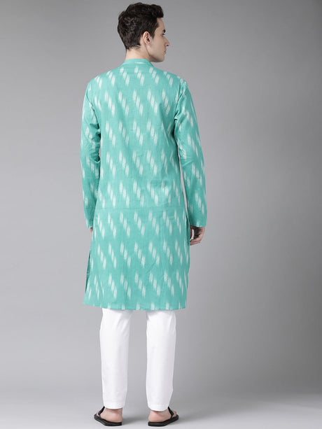 Buy Men's Turquoise Blue Cotton Ikat Printed Straight Kurta Online - Back