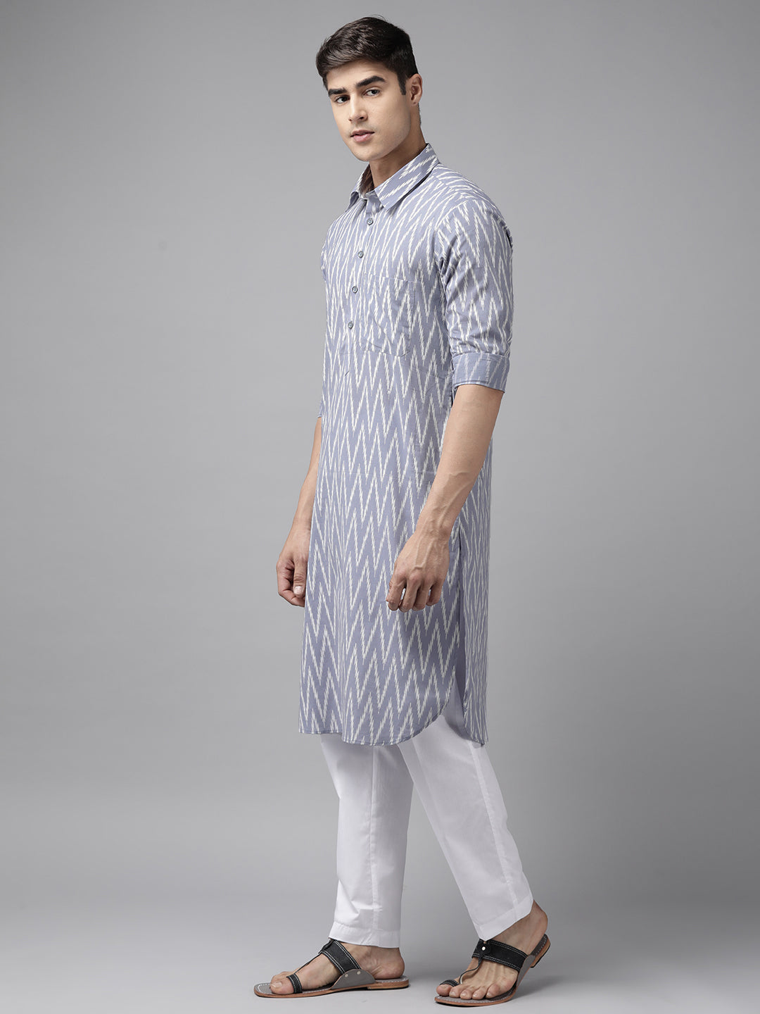 Buy Men's Light Grey Pure Cotton Chevron Printed Pathani Set Online - Front