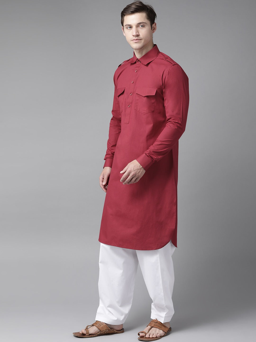 Buy Men's Maroon Cotton Solid Pathani Set Online - Side