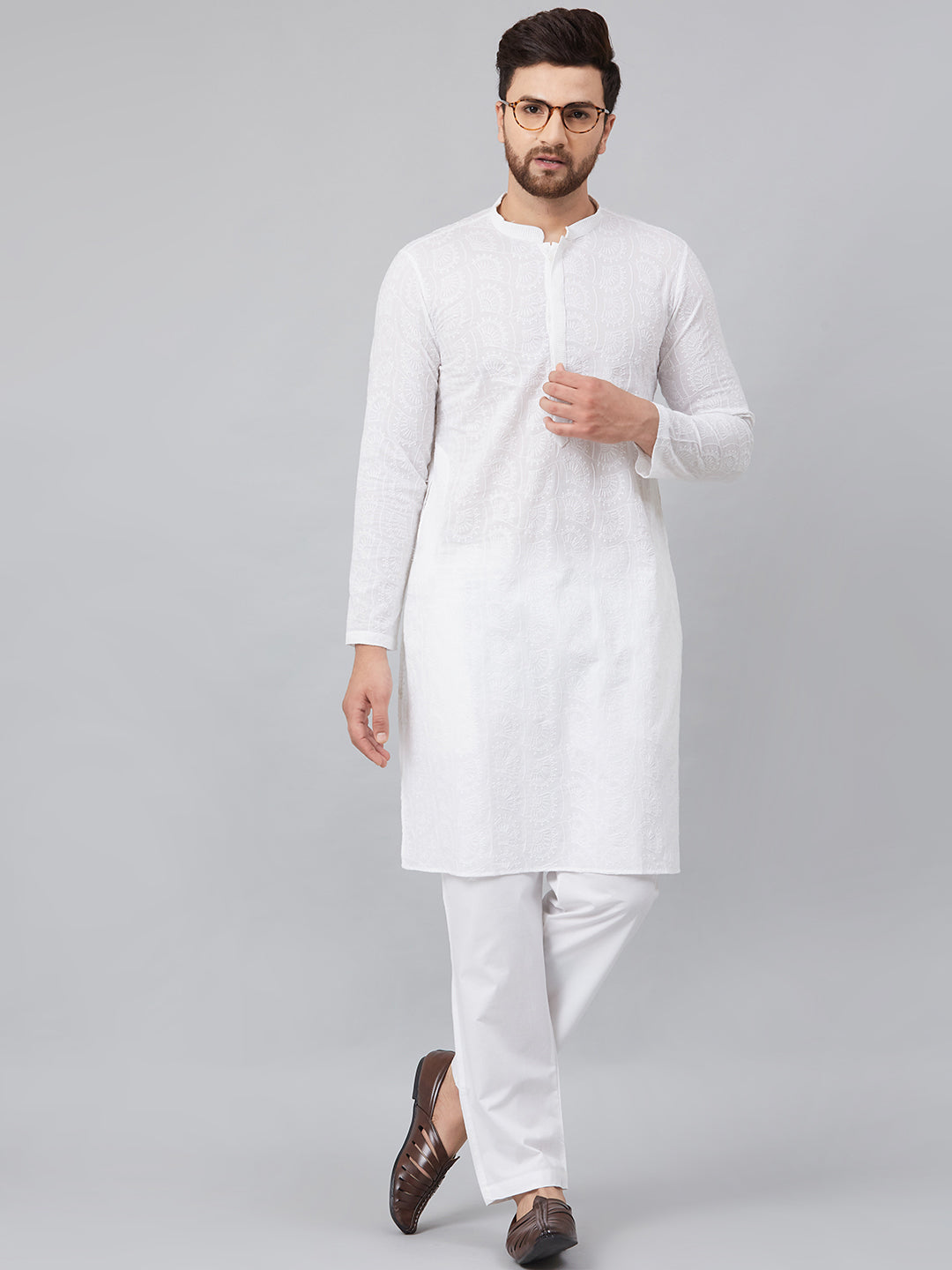 Buy Men's White Cotton Chikankari Embroidered Kurta Pajama Set Online