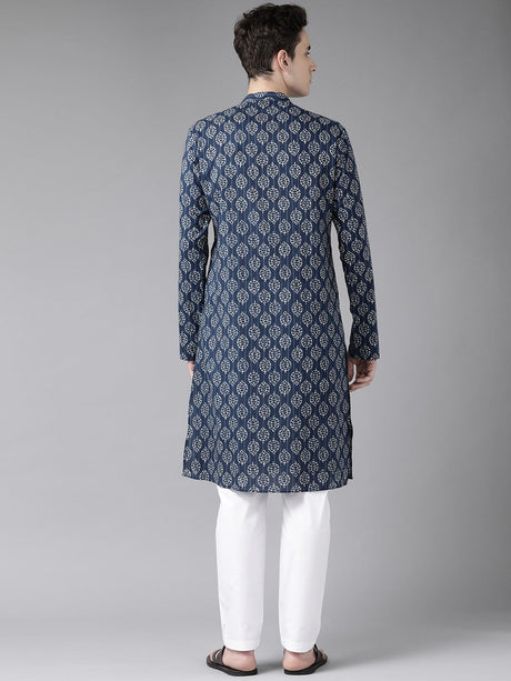 Buy Men's Blue Cotton Printed Straight Kurta Online - Back