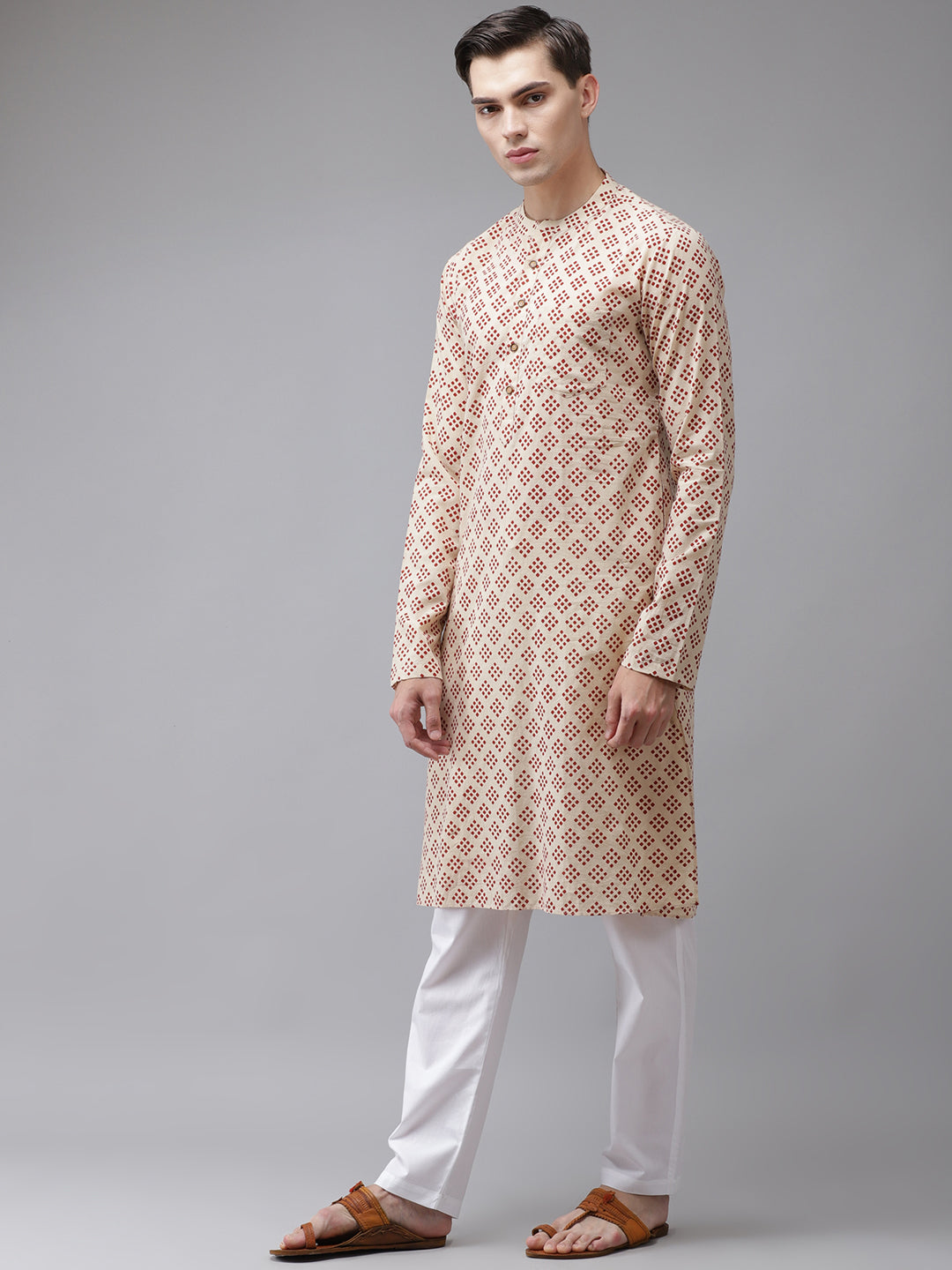 Buy Men's Beige Cotton Hand Block Print Straight Kurta Online - Front