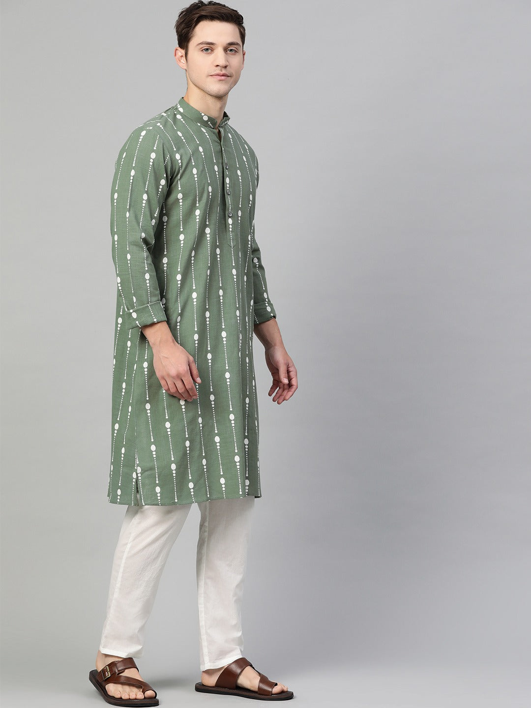 Buy Men's Green Cotton Printed Straight Kurta Online - Front