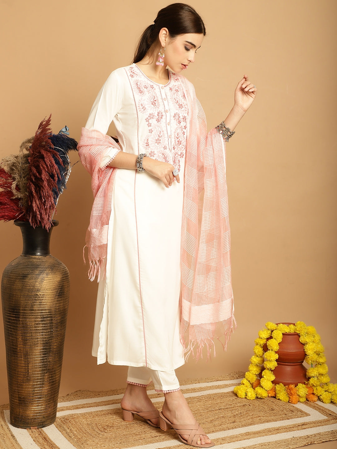 Off White  Rayon Printed Kurta Set