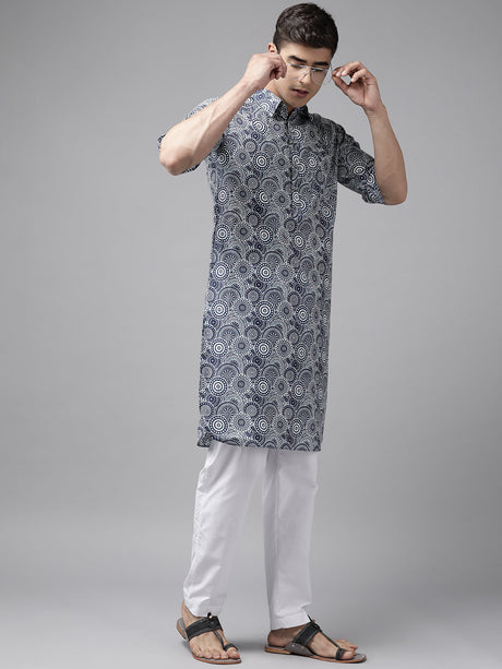 Buy Men's Blue Pure Cotton Abstract Printed Pathani Set Online - Back