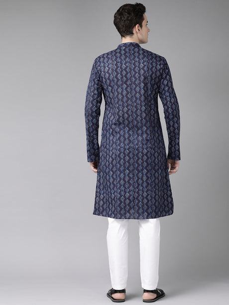 Buy Men's Blue Cotton Printed Straight Kurta Online - Back