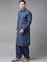 Buy Men's Navy Blue Cotton Solid Pathani Set Online - Side