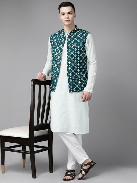 Buy Men's Teal Blue Pure Cotton Printed Nehru Jacket Online