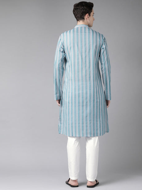 Buy Men's Multi Cotton Stripe Printed Straight Kurta Online - Back