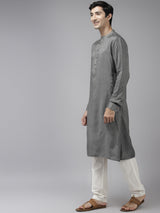 Buy Men's Grey Art Silk Woven Thread Work Kurta Pajama Set Online - Front