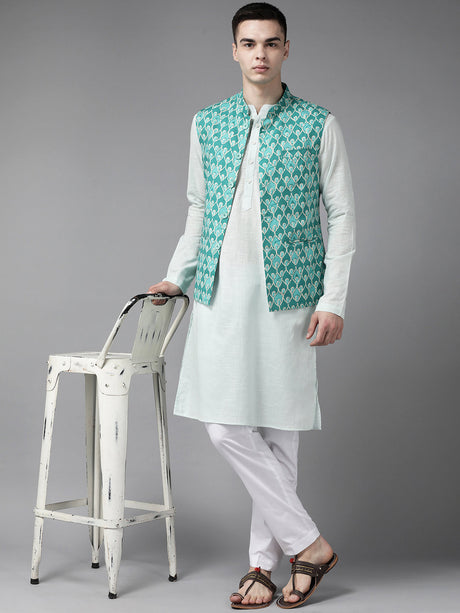 Buy Men's Green Pure Cotton Jacquard Woven Design Nehru Jacket Online