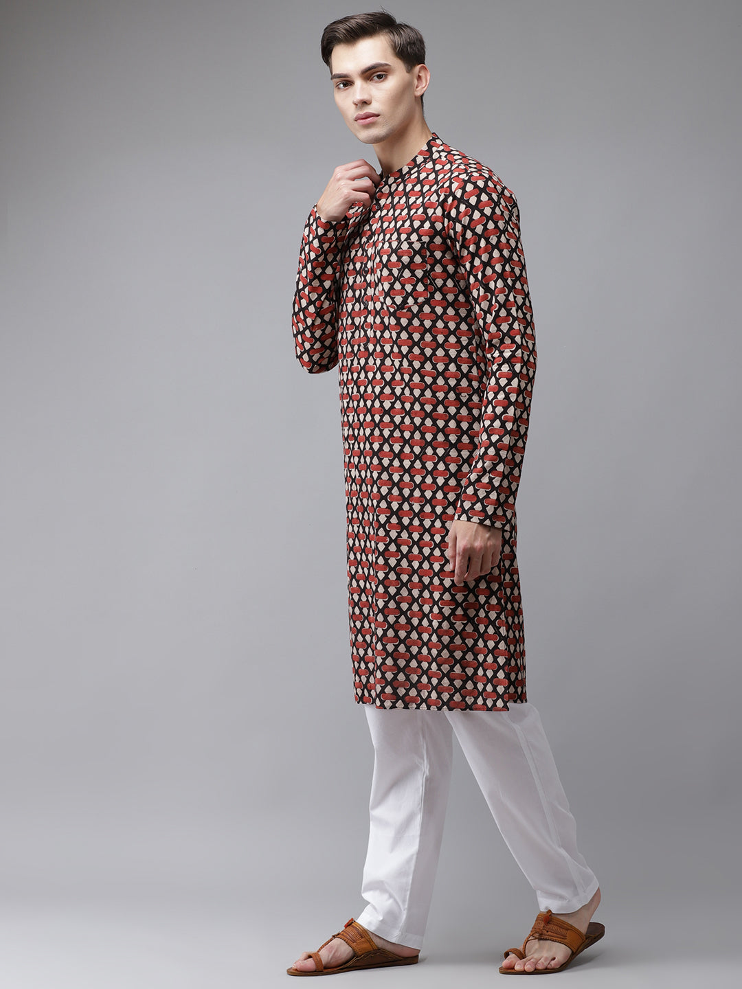 Buy Men's Beige Cotton Hand Block Printed Kurta Pajama Set Online - Front
