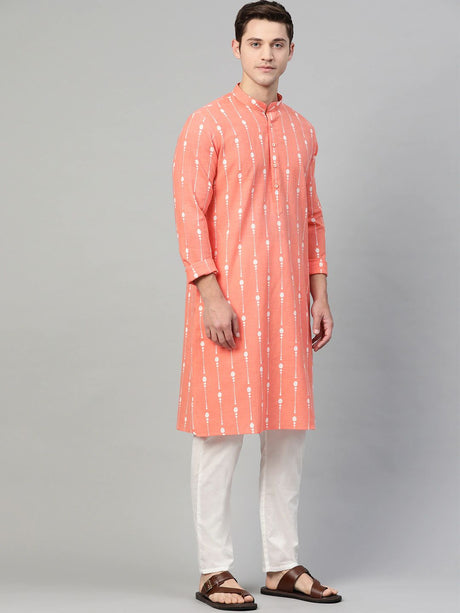 Buy Men's Peach Cotton Printed Kurta Pajama Set Online