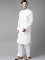 Buy Men's White Cotton Solid Pathani Set Online - Side