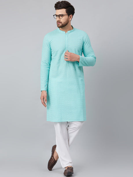 Buy Men's Turquoise Blue Cotton Chikankari Embroidered Kurta Pajama Set Online