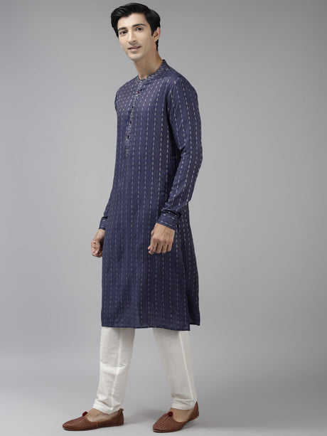 Buy Men's Blue Art Silk Woven Thread Work Kurta Pajama Set Online - Back