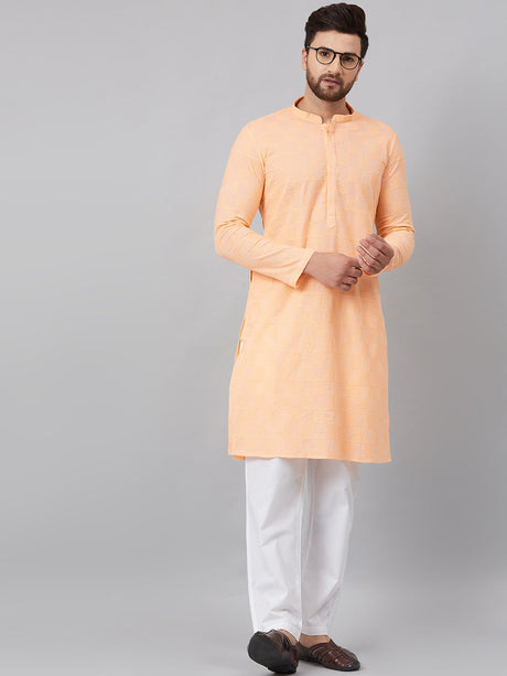 Buy Men's Peach Cotton Chikankari Embroidered Kurta Pajama Set Online