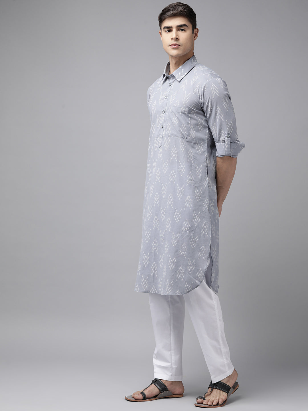 Buy Men's Light Grey Pure Cotton Chevron Printed Pathani Set Online - Front