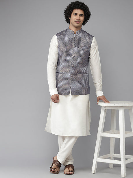 Buy Men's Blue Art Silk Jacquard Woven Design Nehru Jacket Online - Back