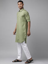 Buy Men's Olive Pure Cotton Printed Pathani Set Online - Back