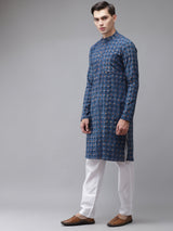 Buy Men's Blue Cotton Hand Block Printed Kurta Pajama Set Online - Front