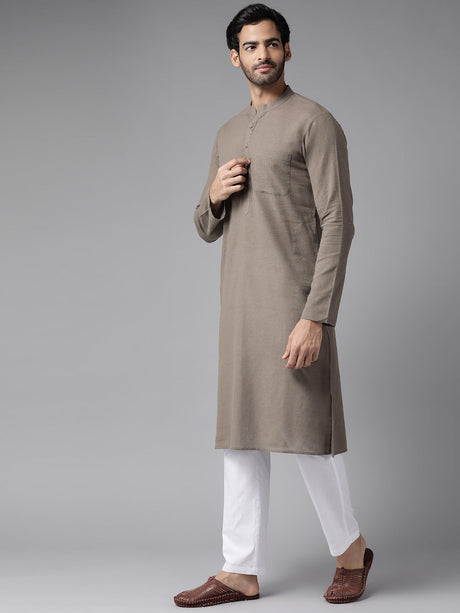 Buy Men's Brown Cotton Solid Straight Kurta Online - Back