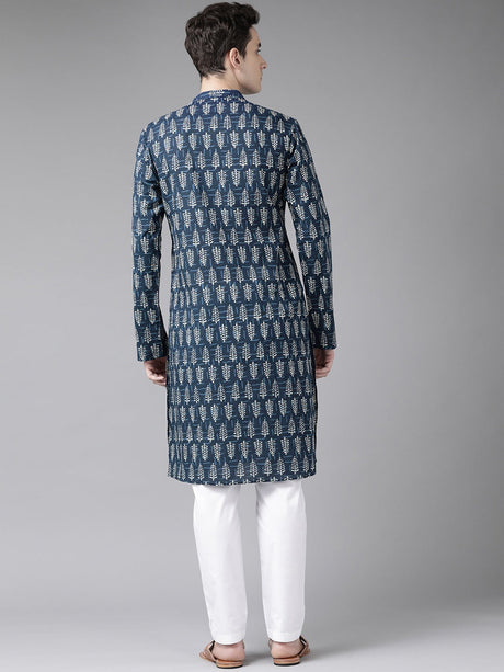 Buy Men's Blue Cotton Printed Kurta Pajama Set Online - Back
