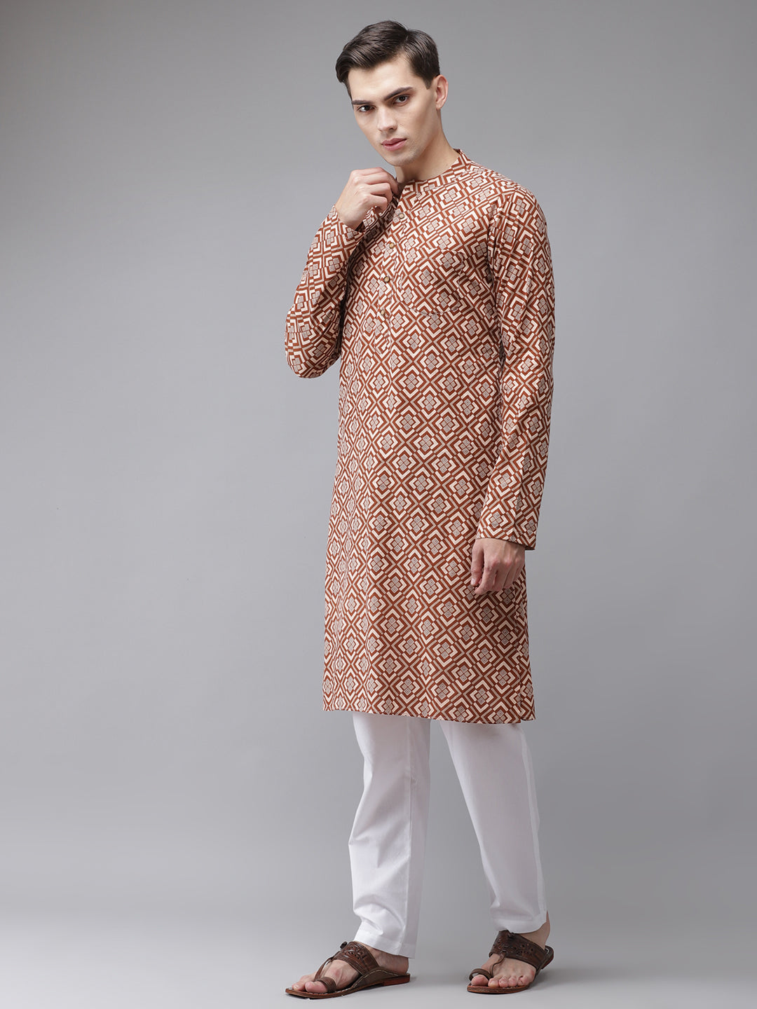 Buy Men's Beige Cotton Printed Kurta Pajama Set Online - Front
