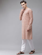 Buy Men's Beige Cotton Hand Block Printed Kurta Pajama Set Online - Front