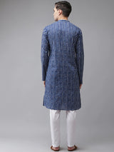 Buy Men's Blue Cotton Stripe Printed Kurta Pajama Set Online - Back