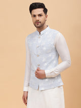 Buy Men's Sky Blue Art Silk Jacquard Woven Design Nehru Jacket Online - Side