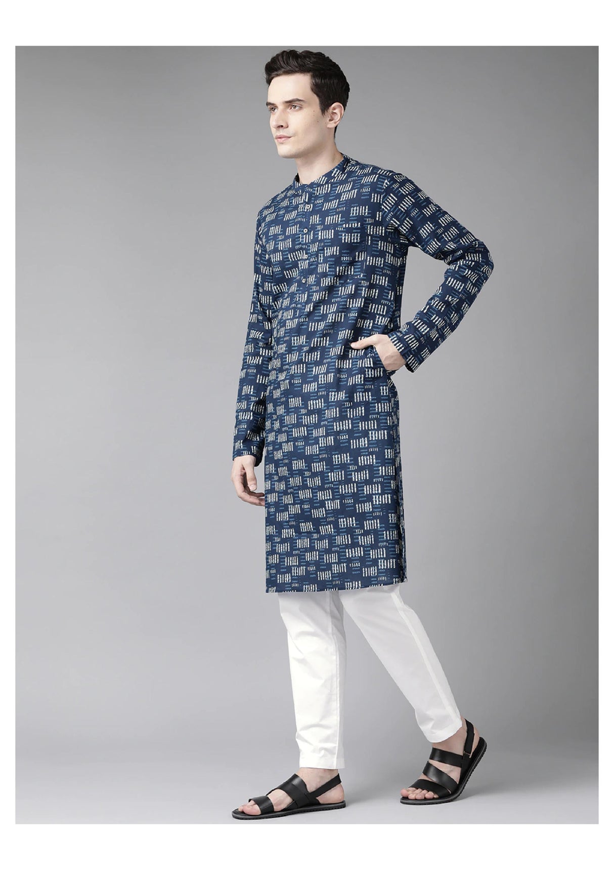 Buy Men's Blue Cotton Printed Kurta Pajama Set Online - Front