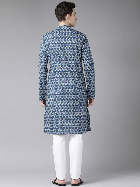 Buy Men's Blue Cotton Printed Straight Kurta Online - Back