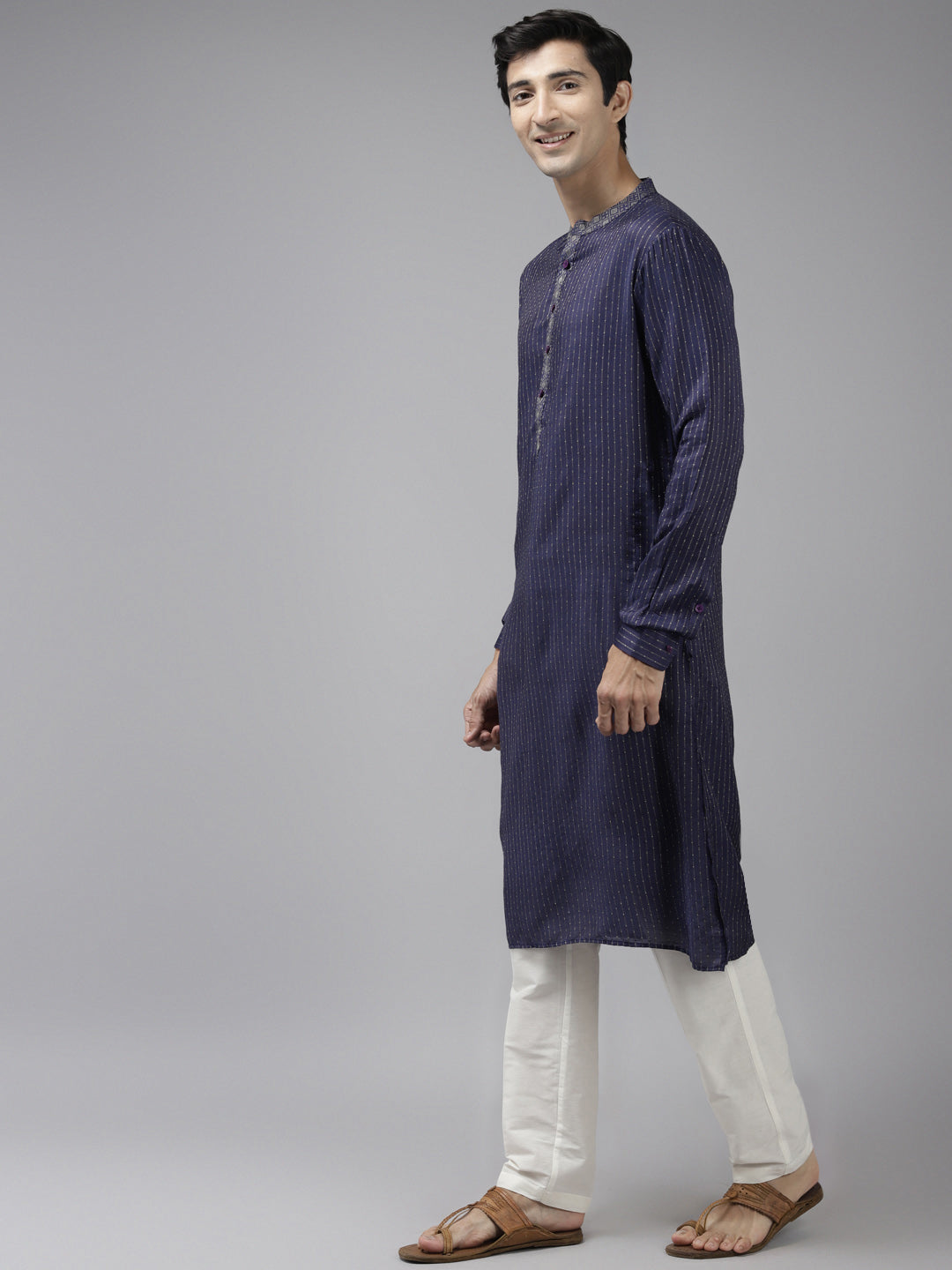 Buy Men's Blue Art Silk Woven Thread Work Kurta Pajama Set Online - Front