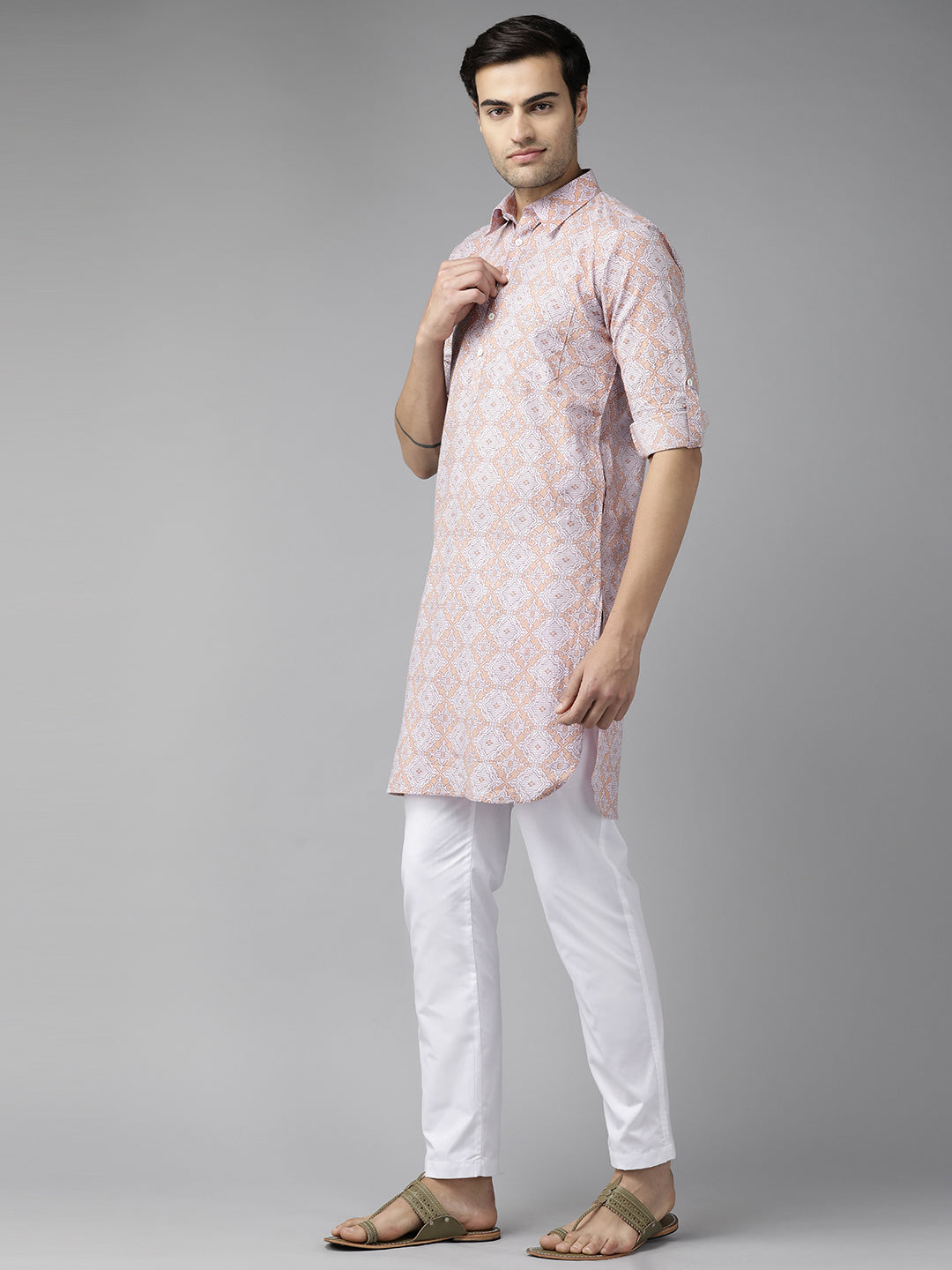 Buy Men's Beige Pure Cotton Printed Pathani Set Online - Front