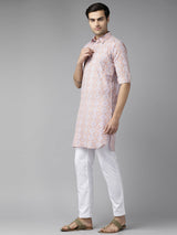 Buy Men's Beige Pure Cotton Printed Pathani Set Online - Front