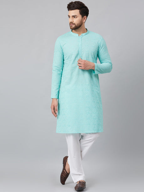 Buy Men's Turquoise Blue Cotton Chikankari Embroidered Kurta Pajama Set Online
