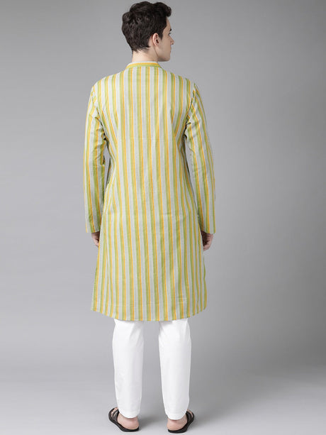 Buy Men's Yellow Cotton Stripe Printed Kurta Pajama Set Online - Back