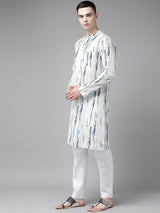 Buy Men's White Cotton Tie And Dye Print Straight Kurta Online - Front