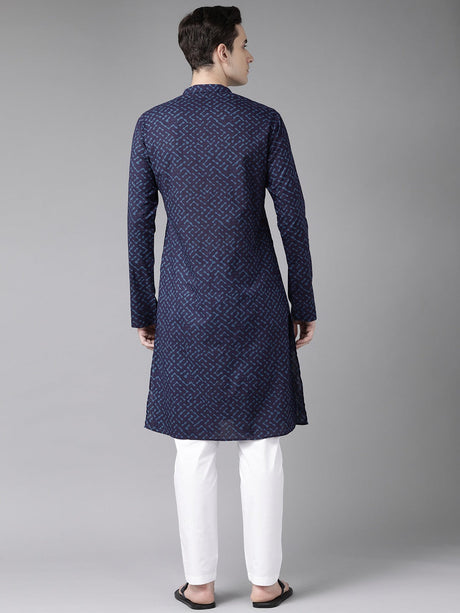 Buy Men's Blue Cotton Printed Straight Kurta Online - Back