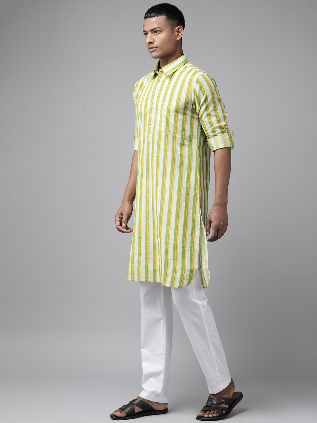 Buy Men's Lime Green Pure Cotton Stripe Printed Pathani Set Online - Front